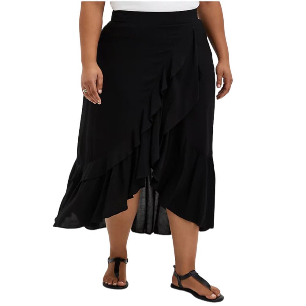 Torrid NWT Black Challis Ruffle Hem Hi-Lo Maxi Skirt Size 0X Zip Back Closure